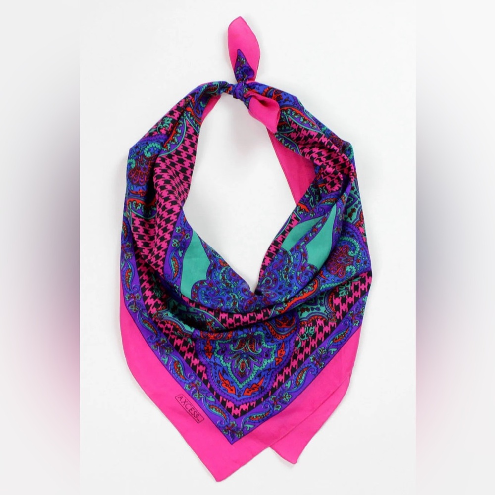 Vintage 1980s Axcess Vibrant Scarf Paisley Houndstooth Fuchsia Pink Blue Green